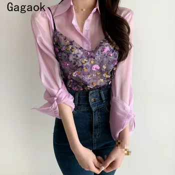 

Gagaok Women Office Lady Two Piece Set 2020 Summer New Turn-down Collar Chiffon Simple Blouse + Floral Embroidery Chic Wild Vest