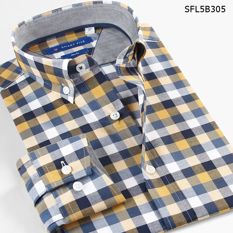 SFL5B3O5 yell plaid Бренд Smart Five, рубашки с длинным рукавом для мужчин, хлопок, Бизнес Стиль, облегающие, длинный рукав, официальные, повседневные рубашки для мужчин,, большой размер, 5XL, 6XL - Цвет: SFL5B3O5 yell plaid