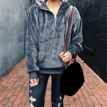 

Winter Fashion Velvet Hoodies Women Solid Zipper Long Sleeved Hooded Sweatshirt Streetwear Loose Thick Hoodie