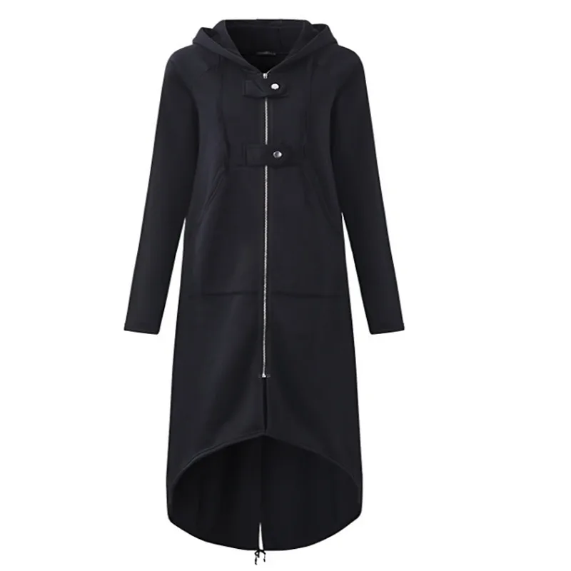 Autumn Hooded Long Sleeve Zip Sweatshirt Hoodies Coat Women Solid Long Jacket Irregular Hem Black Outwear Plus Size - Цвет: Черный