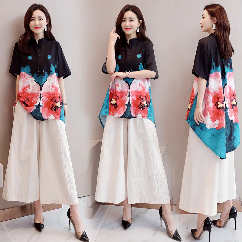 

2019 Summer New Style Chinese-style-Style Two-Piece Chiffon Printed Positioning Short-sleeved Top + Loose Pants WOMEN'S Suit