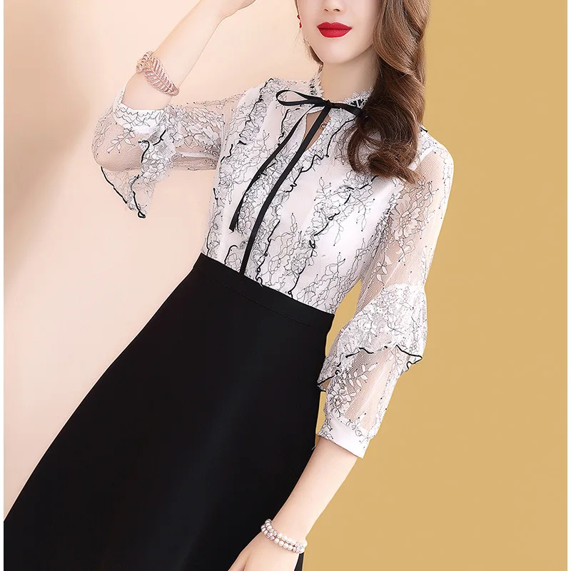 

Spring Clothing White Gauze Printed Graceful Dress Women's Spring And Autumn Mid-length 2019 New Style Skirt-