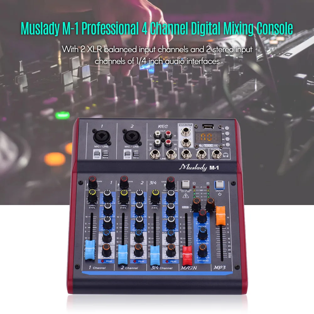 Muslady M-1 4 канальный цифровой смеситель микшерный пульт с реверберации эффекты BT Функция задние фоны для студийной съемки Запись DJ в прямом эфире