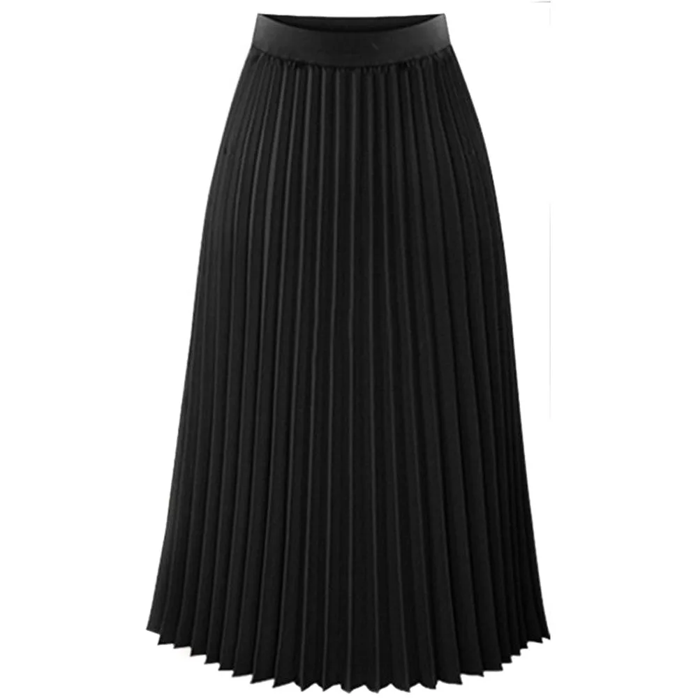 Высокая талия плиссированная Однотонная юбка до середины икры Женская Повседневная Высокая талия однотонная плиссированная элегантная миди эластичная утолщенная юбка - Цвет: Черный
