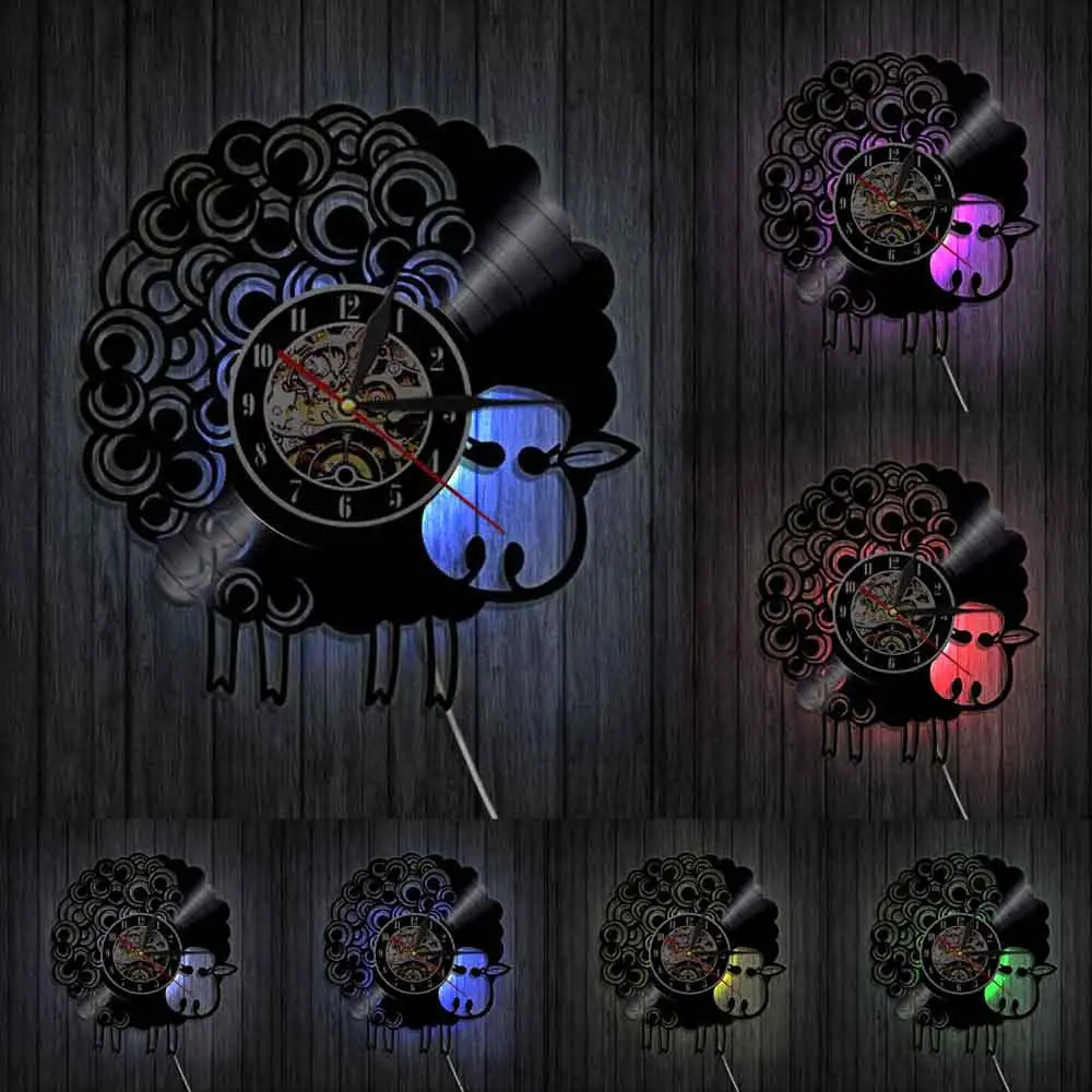 With LED Sheep Wall Clock Farmhouse Wall Clock Home Decor Wool Sheep Folk Art Vinyl Record Clock Farm Animal Nursery Wall Decor Clock - Цвет: With LED