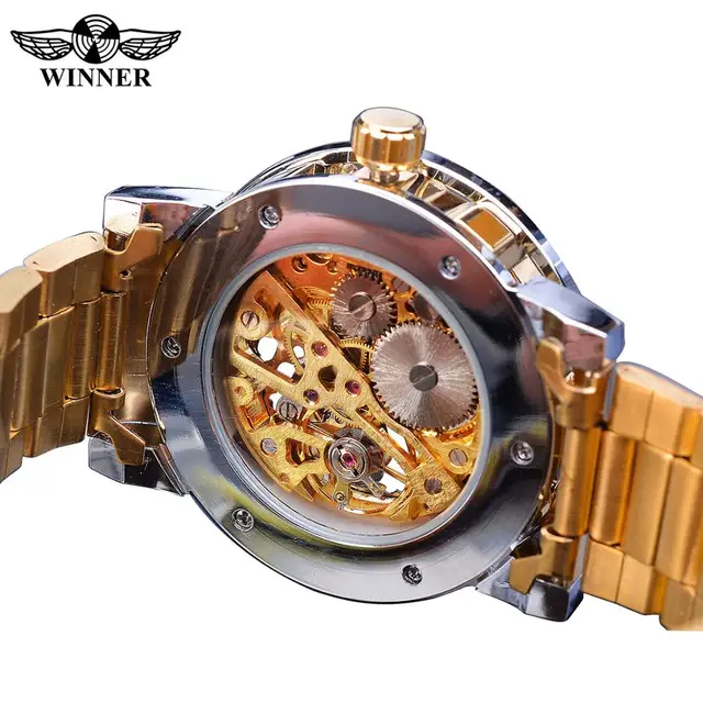 Winner Golden Watches Classic Rhinestone Clock Roman Analog Male Skeleton Clocks Mechanical Stainless Steel Band Luminous Watch 4