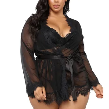 

Lace Patchwork V-neck Lace Sexy Lingerie for Women Underwear Bathrobe Mesh Robe With Thong + Belt G-String szlafrok damski #SP