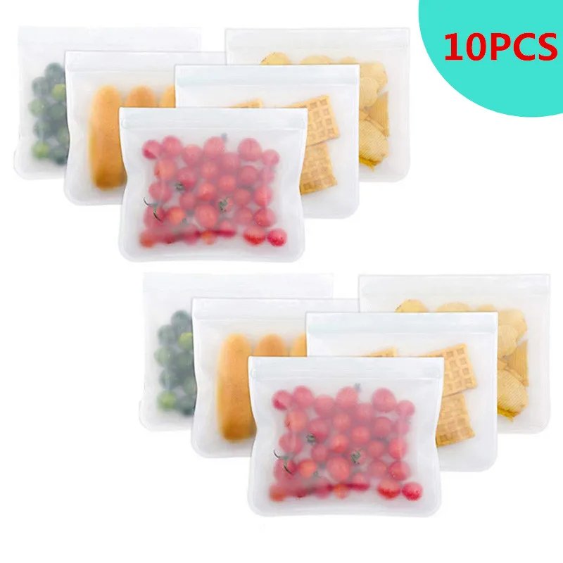 

10 Pack Silicone Food Storage Bag Reusable Freezer Bag Zip lock Leakproof Top Fruits Food Fresh Bags Kitchen Organizer