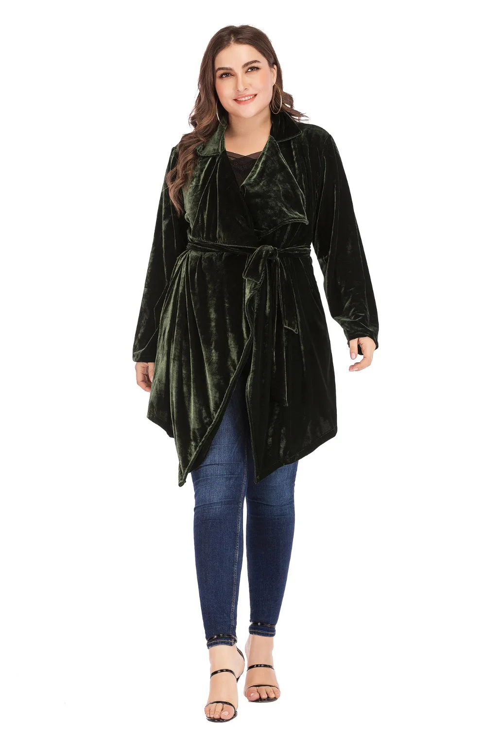 Осенне-зимняя куртка размера плюс для женщин, большие повседневные Свободные шерстяные длинные рукава, толстые бархатные длинные пальто с поясом зеленого цвета 4XL 5XL 6XL 7XL