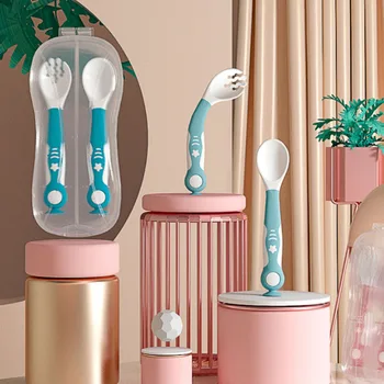 

Baby Feeding Tableware Bendable Spoon and Fork Set Practice Feeding Tools for Infant Kids (White, Blue)