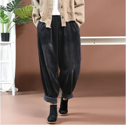 Осенне-зимние брюки женские большие размеры Свободные повседневные брюки женский эластичный пояс карман Mori Girl; Винтажный стиль брюки