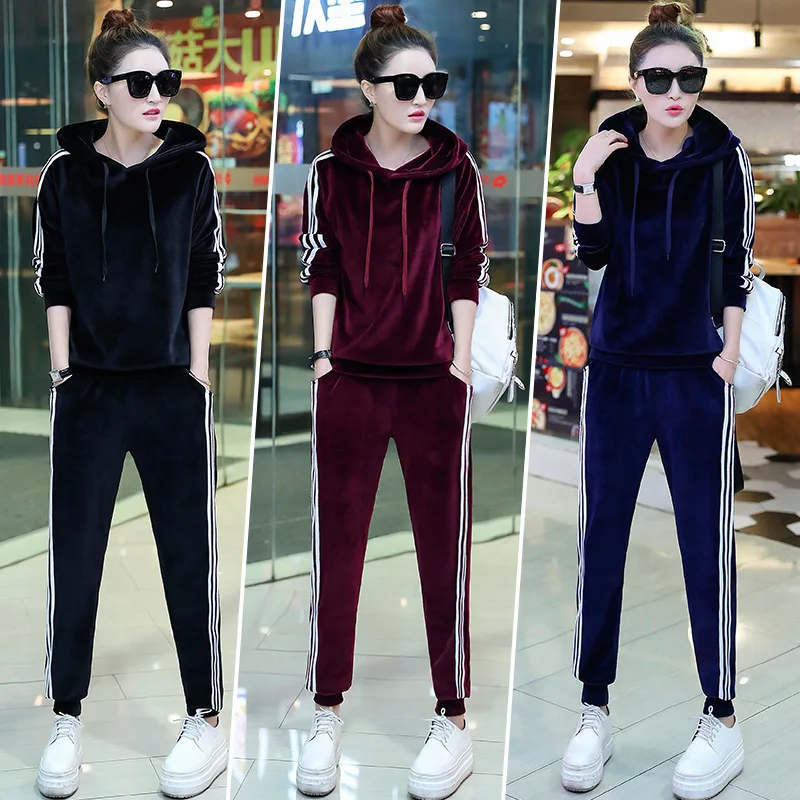 

Spring And Autumn New Style Gold Velvet Three Sides Fashion Casual Hoodie Sports WOMEN'S Suit Fashion