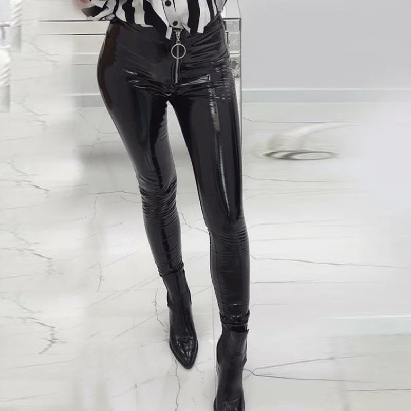 

Womens Jeans Autumn Slim Fit Skinny Sexy Biker Zipper Trousers Wet Look Solid Female Pencil Jeans Outwear