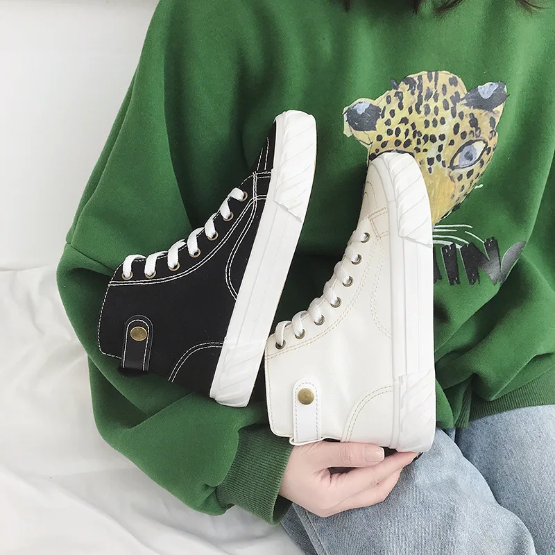 QWEDF 2019 Fashion High Top Sneakers Canvas Shoes Women Casual Shoes White Flat Female Basket Lace Up Trainers Chaussure SE-56