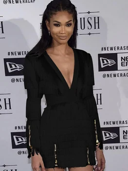 

Women's Bandage Dress New 2019 Celebrity Party Black red Long Sleeve V-neck Fringe Zip Mini Dress Vestidos Sexy High Quality