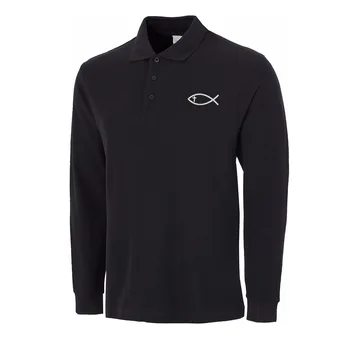 

Mens Christian Fish with Cross Embroidery Embroidered Casual Long Sleeve Polo Shirts