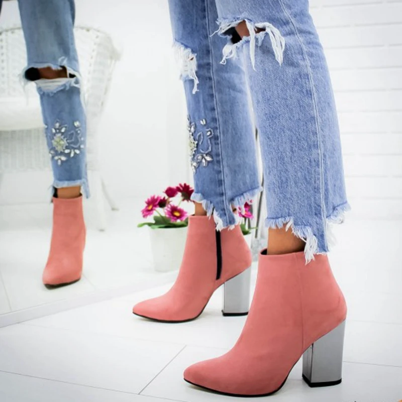 

DIHOPE Women Shoes Ankle Pumps Flock Toe Boots Solid Autumn Spring New High-heeled Shoes Botas Mujer Dropship