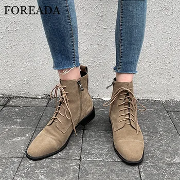 

FOREADA Low Heel Woman Boots Natural Genuine Leather Ankle Boots Zipper Block Heel Shoes Lace Up Ladies Short Boots Autumn Brown