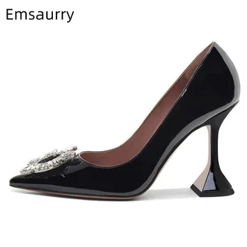 

Black Patent Leather Goblet Heel Dress Shoes Sexy Pointed Toe Slim High Heels Sunflower Crystal Buckle Spring Pumps Women