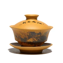 Yixing Gaiwan, 135 мл, чайная чаша, блюдце, набор крышек, фиолетовая глина, чашка, чайник, контейнер, ручная роспись, чайная тарелка, чайная посуда, Декор, ремесла