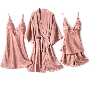 

Polka Dot Nightgown Suit Summer New Women's Robe Satin Negligee Pajamas 4pcs Sleepwear Set Kimono Gown Casual Home Clothes