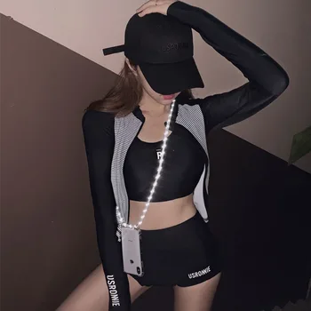 

Plus Size Bathing Suits Swimsuit With Skirt Swimwear Long Sleeves Bikini Surf Stripe High Waist Female Three Piece Rashguard