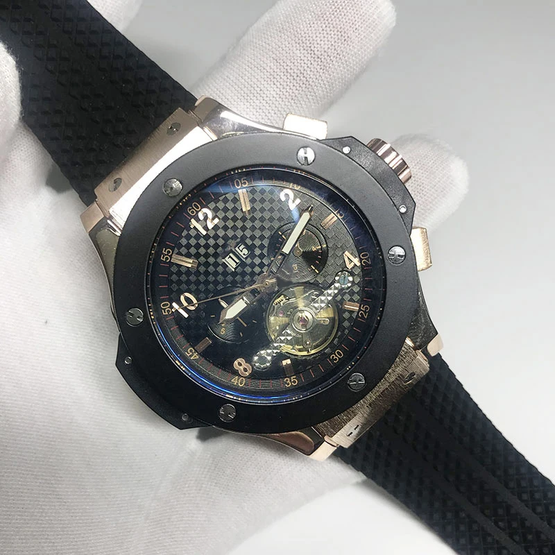 

3 colors Mens skeleton watch black dial automatic self winding glide smooth second hand leather strap good quality watches