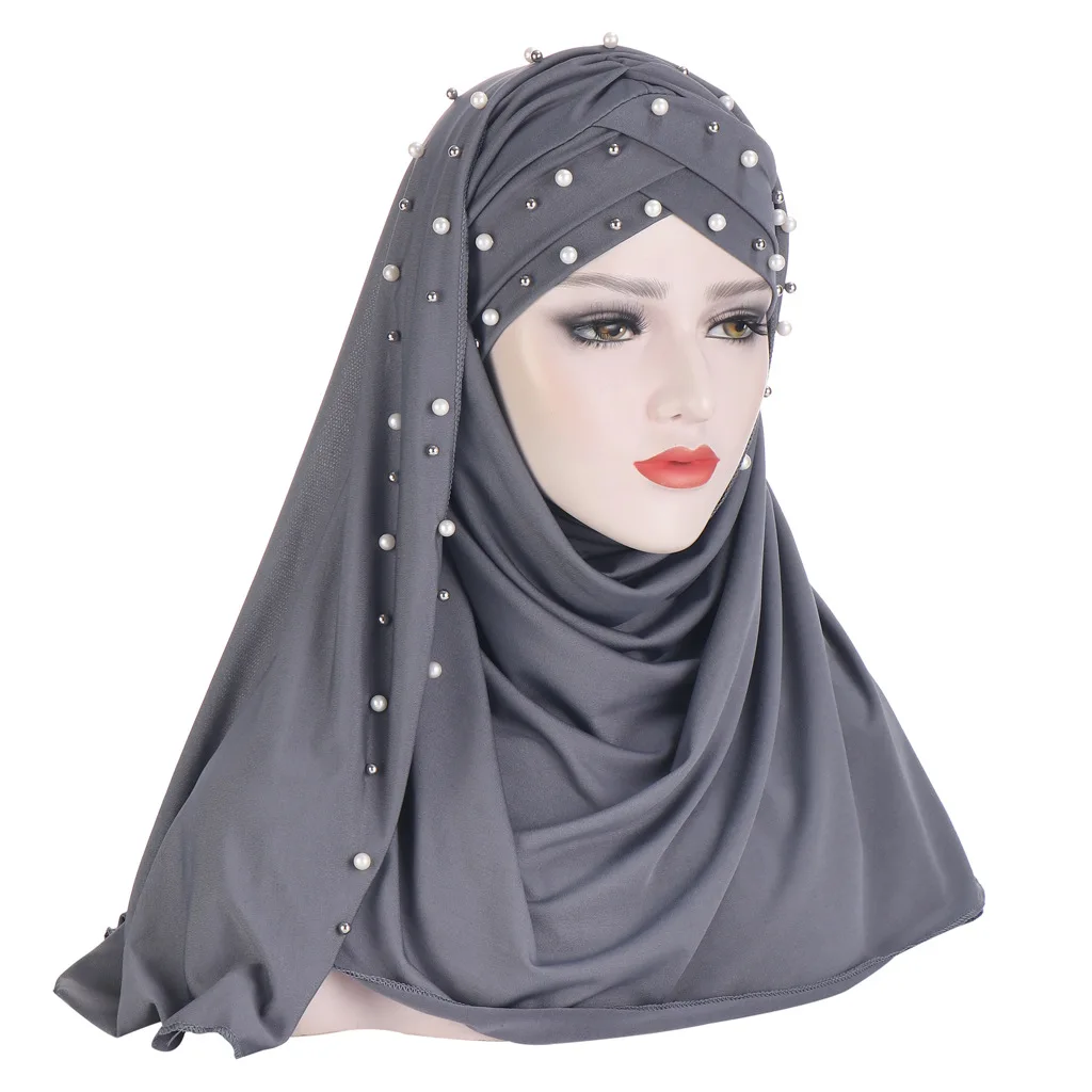 

2021 Muslim Cotton Scarf Plain Hijabs With Bead Shawls and Wraps Femme Musulman Hijab Ready to wear Turban Women Head Scarves