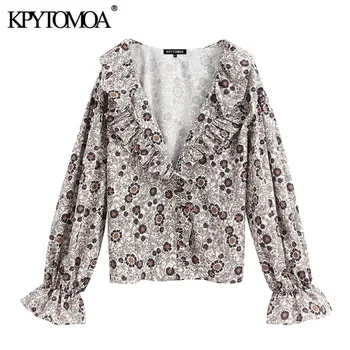 

KPYTOMOA Women 2020 Fashion Ruffled Floral Print Loose Blouses Vintage V Neck Long Sleeve Female Shirts Blusas Chic Tops