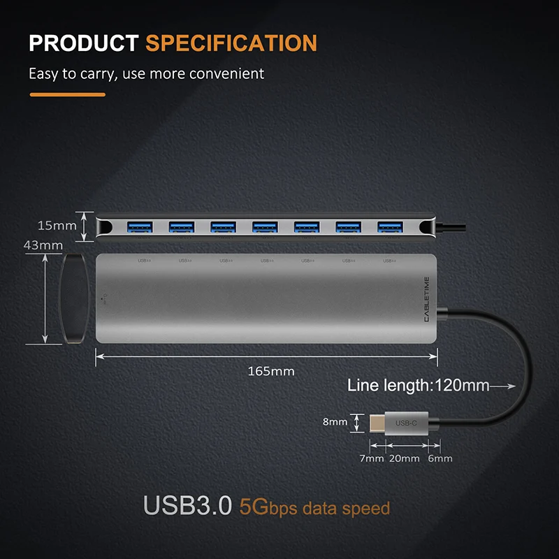 CABLETIME USB C концентратор USB 3,1 type-C до 7 в 1 USB 3,0 концентратор Высокоскоростной с питанием концентратор USB type C для Macbook компьютера ноутбука C048