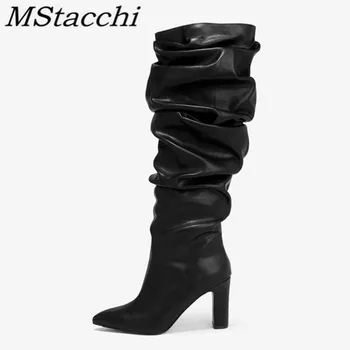 

Mstacchi Natural Fold Solid Color Pointed Women Boots Short Plush Thick Heel Sheep Stripes Ladies Fashion Shoes Tenis Masculino