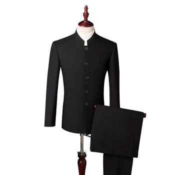 

Chinese Style Men's Black Single-breasted Blazer with Pants Business Man Formal Suit Sets Groom Wedding Party Fashion Clothes
