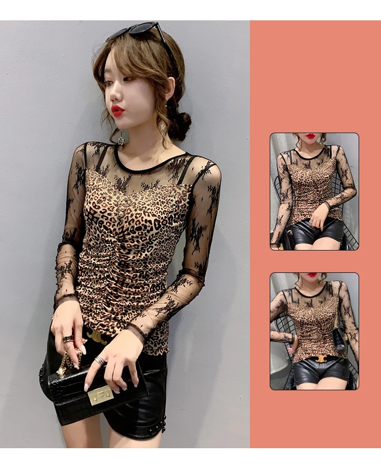 New 2020 Autumn long sleeve Women t-shirts Fashion Sexy hollow out Hot drilling Mesh shirt Plus size womens shirt blusas