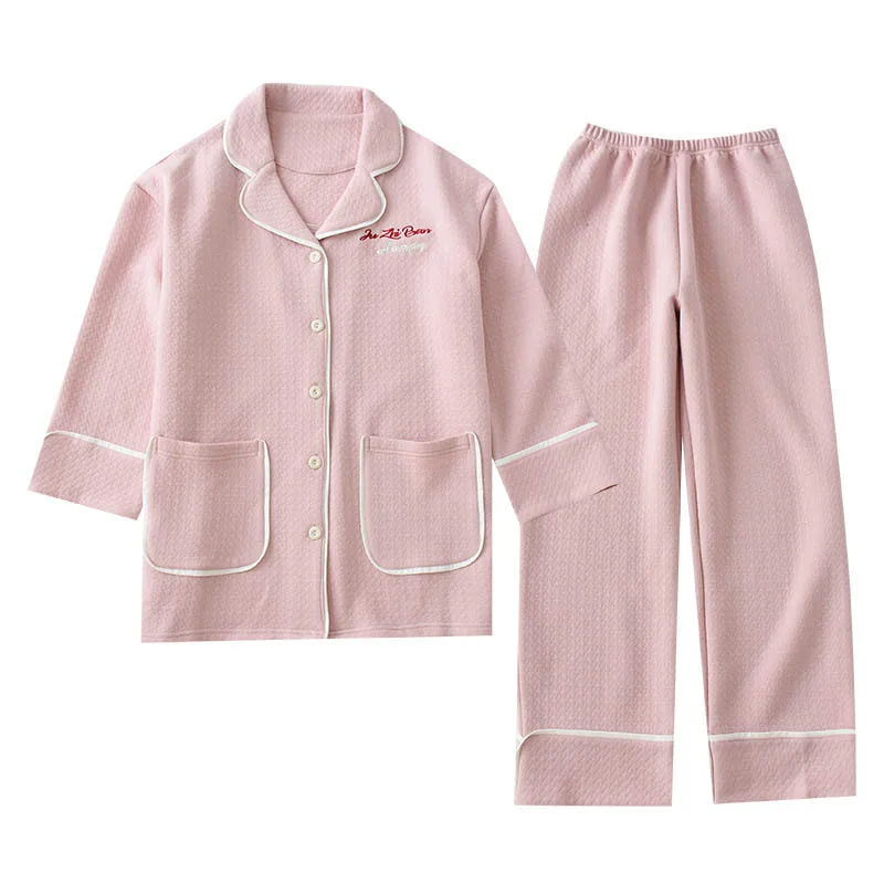 Комплект хлопковых пижам, женская одежда для сна, теплая зимняя Домашняя одежда из 2 предметов, с вышитыми буквами, с длинными рукавами и штаны Пижама Костюм
