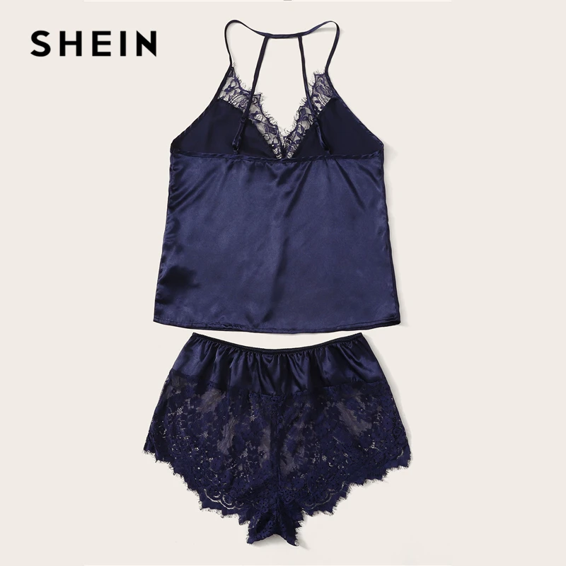 SHEIN Атласный Топ На Бретелях С Кружевом И Шорты Пижама Комплект Женский Розовый Летний Сексуальный Комплект Пижамы