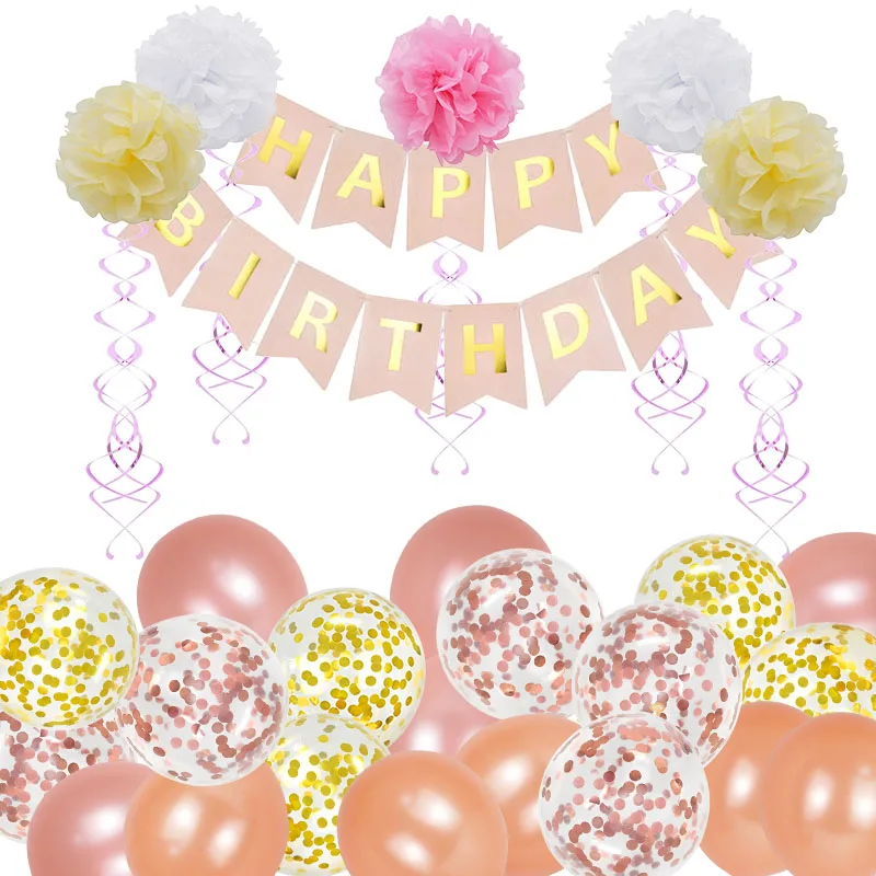 1 SET Happy Birthday Banner Butting Paper Flag Flower Garland Latex Confetti Balloons Baby Shower Decoration Girls Party Decor