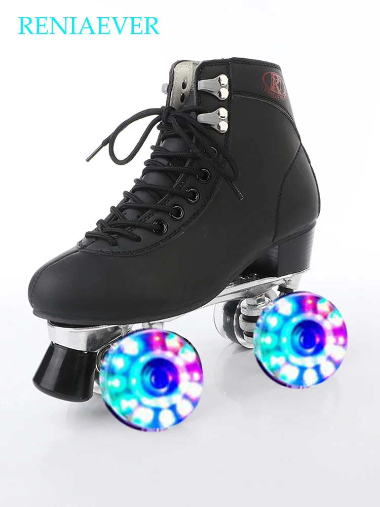 Кататься на коньках черная обувь двухрядные роликовые коньки 4-х колесные роликовые коньки для Для женщин черного цвета для взрослых с мигающие светодиодные колёса