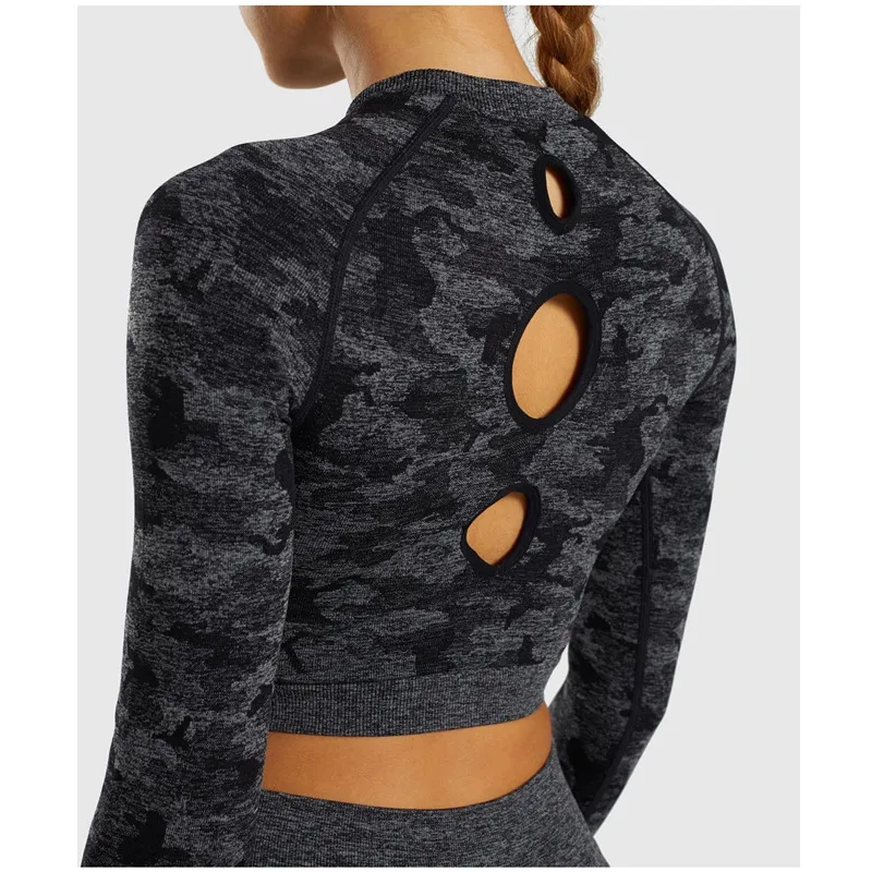 black Oyoo Sage green camo укороченный топ с длинными рукавами Камуфляжный укороченный топ для йоги с отверстием для большого пальца бесшовные спортивные майки для женщин - Цвет: black