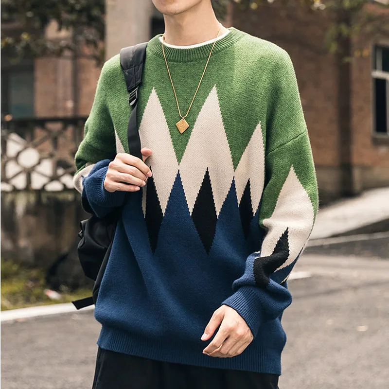 

Korean Style Knit Sweater Men M-5XL Plus Size Geometric Contrast Color Long Sleeve O Neck Pullover Jumpers Male Ribbed Sweaters