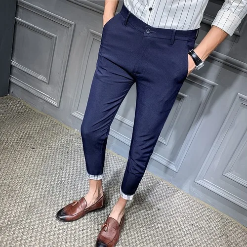 Высокого качества хлопковые повседневные штаны мужской костюм штаны мужские для бизнес на каждый день Slim Fit ботильоны Длина Pantalon; цвет черный, темно-синий Размеры: 28-34 - Цвет: Navy blue