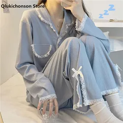 Spring Autumn Women Pajama Sets Long Sleeve Japanese Style Kawaii Notched Collar White Lace Stich Pijama Blue Sleepwear