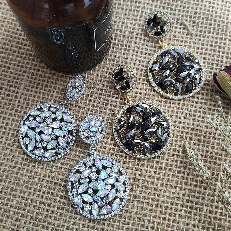 Flatfoosie New Simulated Pearl Drop Earrings For Women Geometric Round Shiny Colorful Crystal Statement Earrings Fashion Jewelry