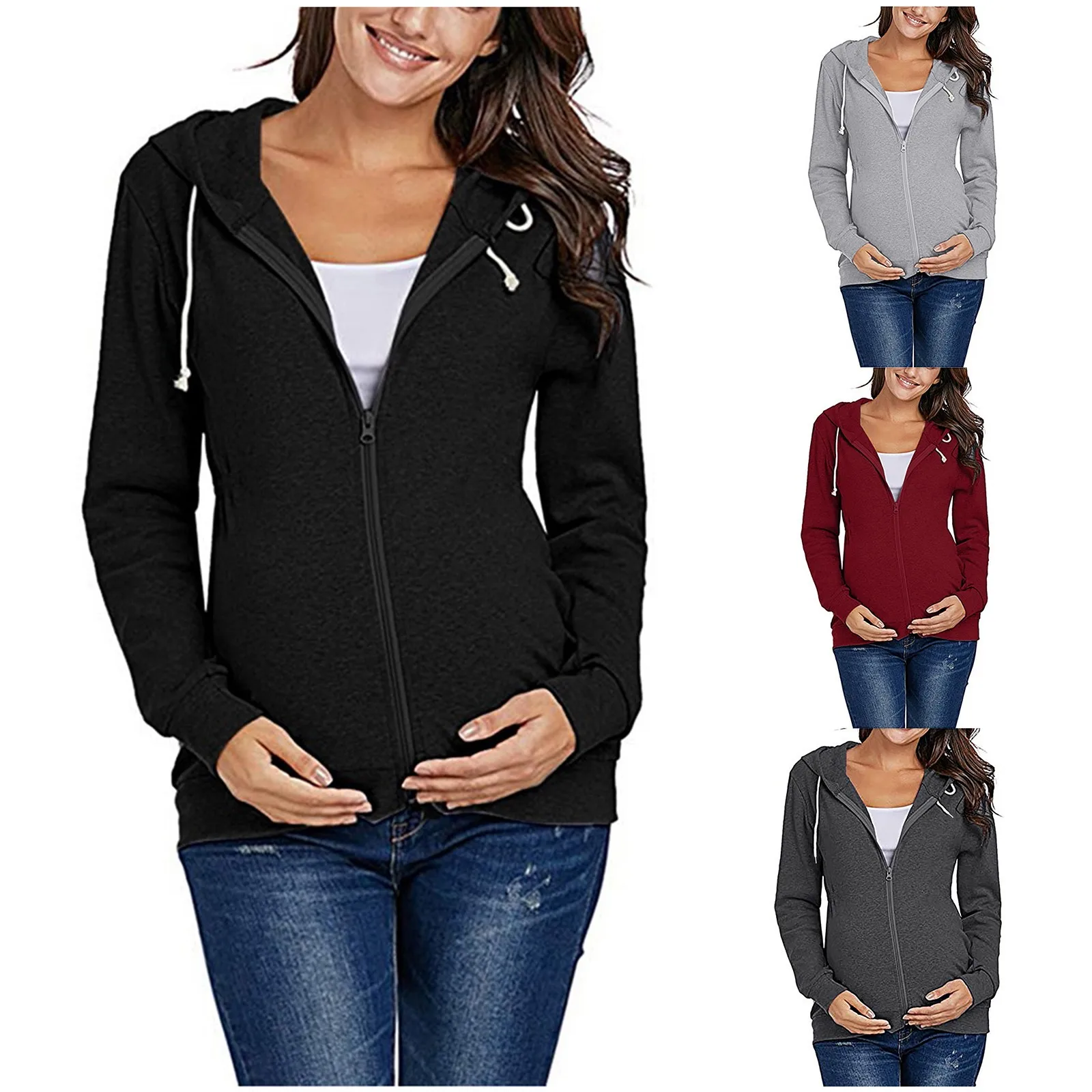 

Winter Maternity Pregnancy Casual Long Sleeve Zip Up Hoodie Solid Sweatshirt Casual Soft Comfortable Sweatshirts With Pockets