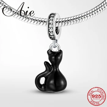 

925 Sterling Silver Pendant Black enamel Cat Charm fine Jewelry Making fit Original Pandora Charms Bracelet necklace