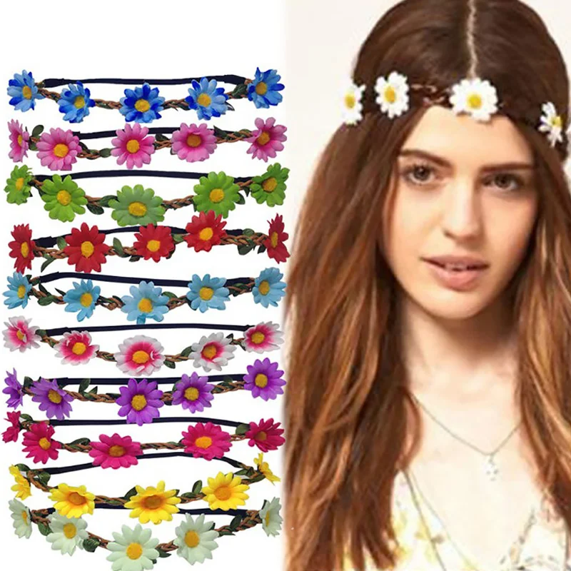 HYhy Stretch Hair Garland Sun Flower Colorful Wedding Festival Headband Floral Crown Adjustable Elastic Headwaer 