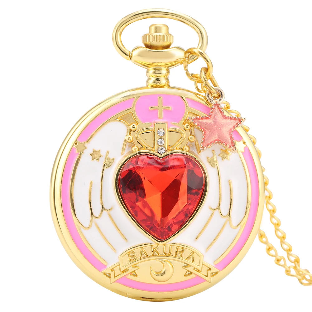 Double sided Patterned Case Pocket Watch for Girls Necklace Fob Clock Female Accessory Delicate Red Star 5