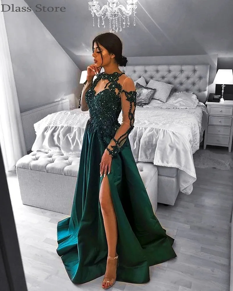 Dark Green Evening Dress A line Satin 