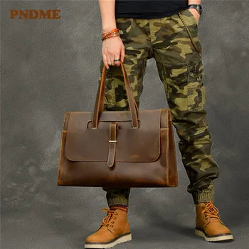 

PNDME retro crazy horse cowhide men's women's tote travel bag business natural genuine leather handbag shoulder messenger bags
