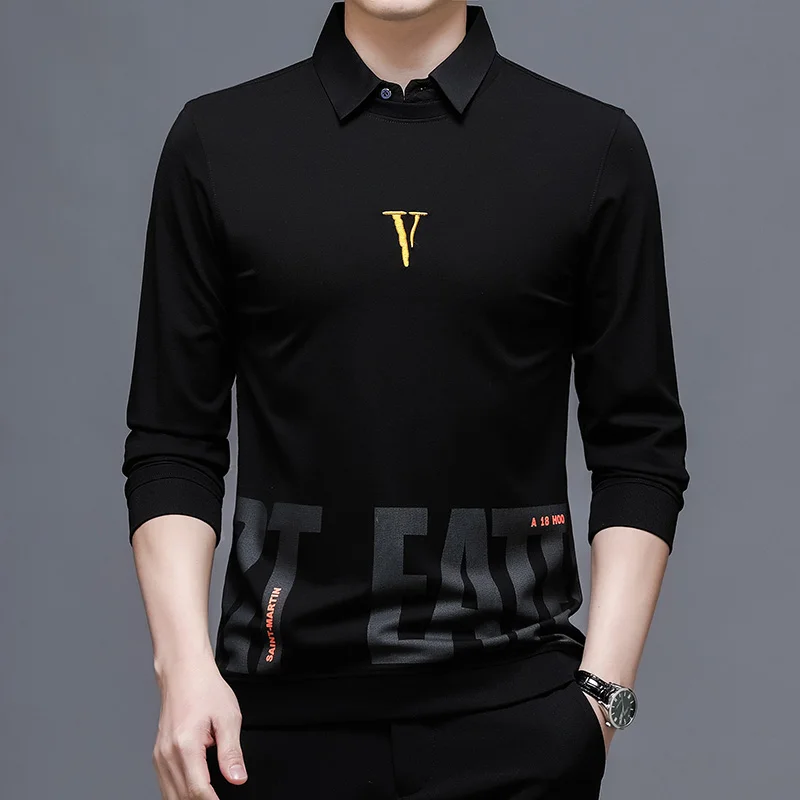 Top Grade Fake Two New Fashion Designer Brand Collared Knit Pullover Sweater Trendy Casual Black Collaree Autum Jumper Men