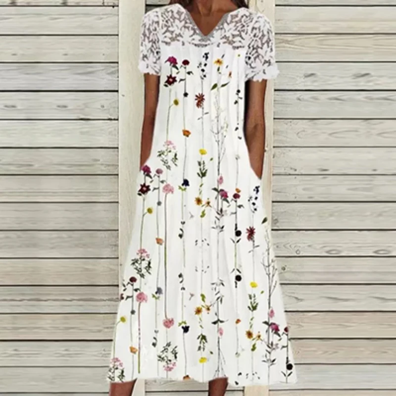 

2021 Summer Short Sleeve Elegant Dress Fashion V Neck Floral Printed Ladies Long Dress Vintage Casual Loose Beach Dress Vestido
